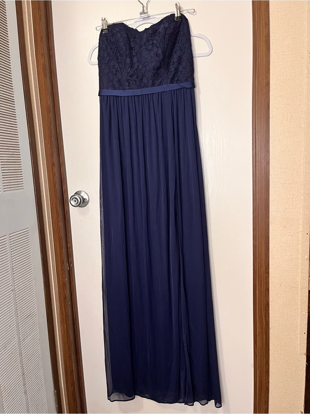 David's Bridal Navy Lace Strapless Maxi Dress